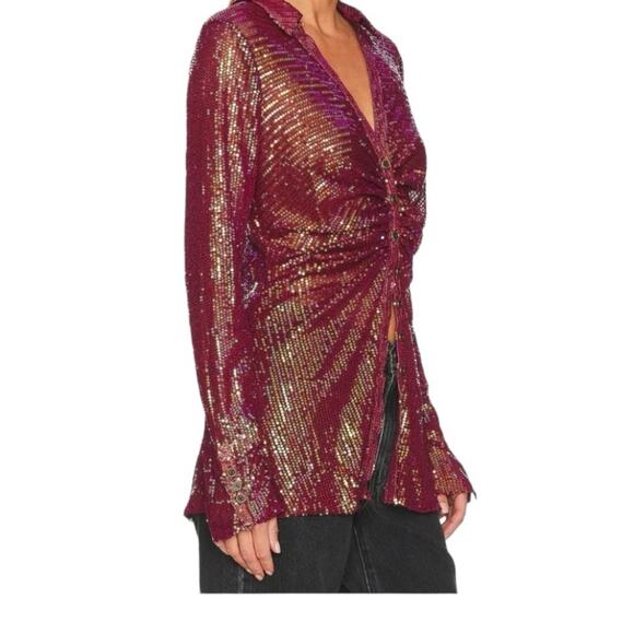 Free People NWOTS Red Sequin Shirtee Button Down Burgundy Maroon Top size XS - Picture 2 of 9